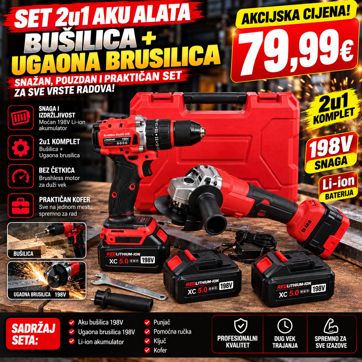 Set 2u1 Aku Alata – Bušilica + Ugaona Brusilica