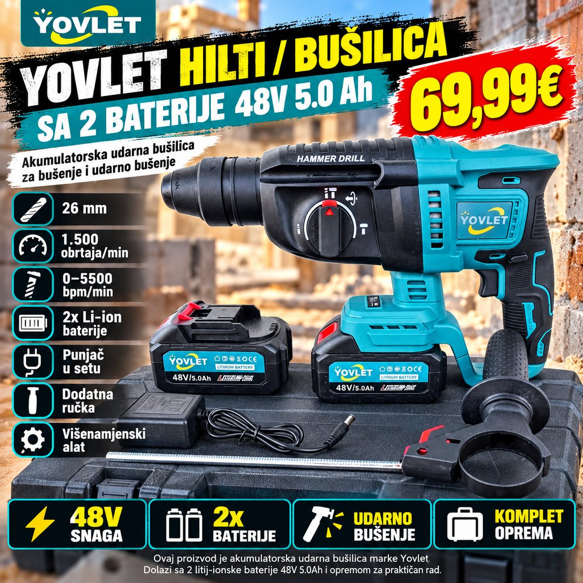 Yovlet Hilti/Busilica sa 2 BATERIJE 48V 5.0 Ah