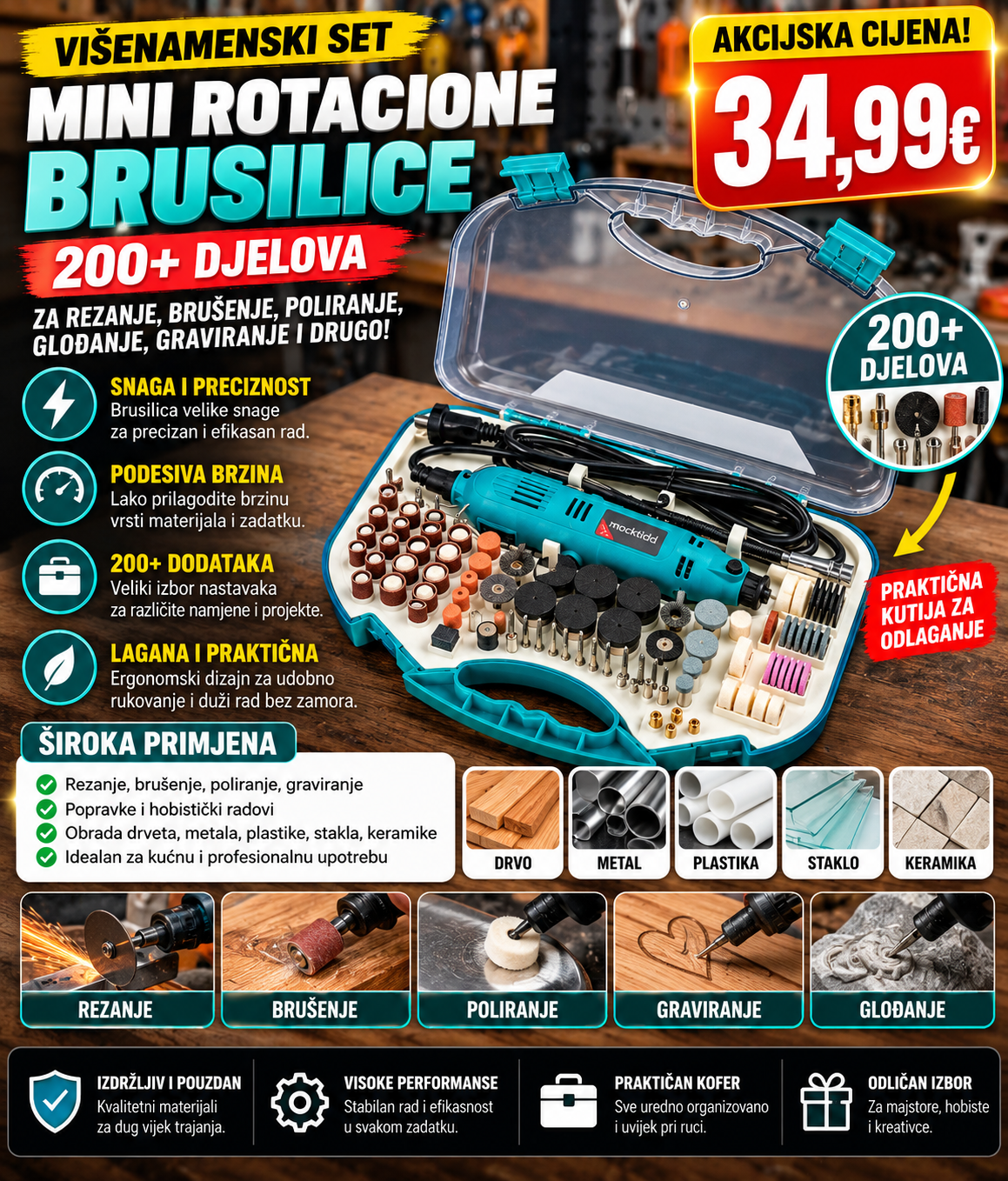 VIŠENAMJENSKI SET MINI ROTACIONE BRUSILICE – 200+ DJELOVa