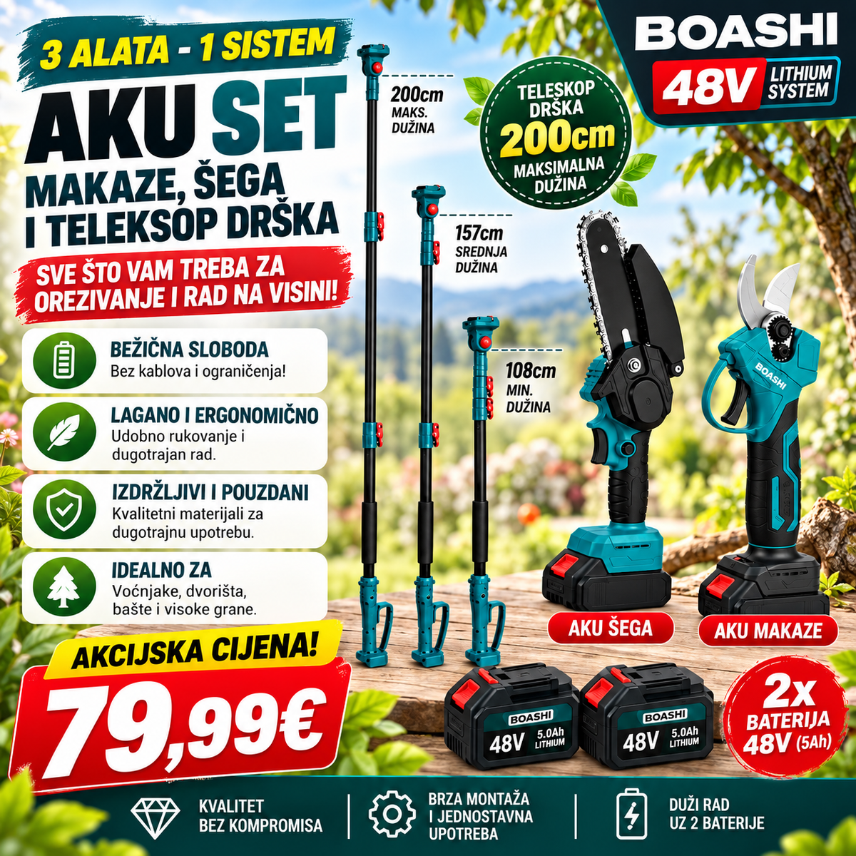 BOASHI AKU SET ZA OREZIVANJE – MAKAZE + TESTERA + TELESKOP 200 CM