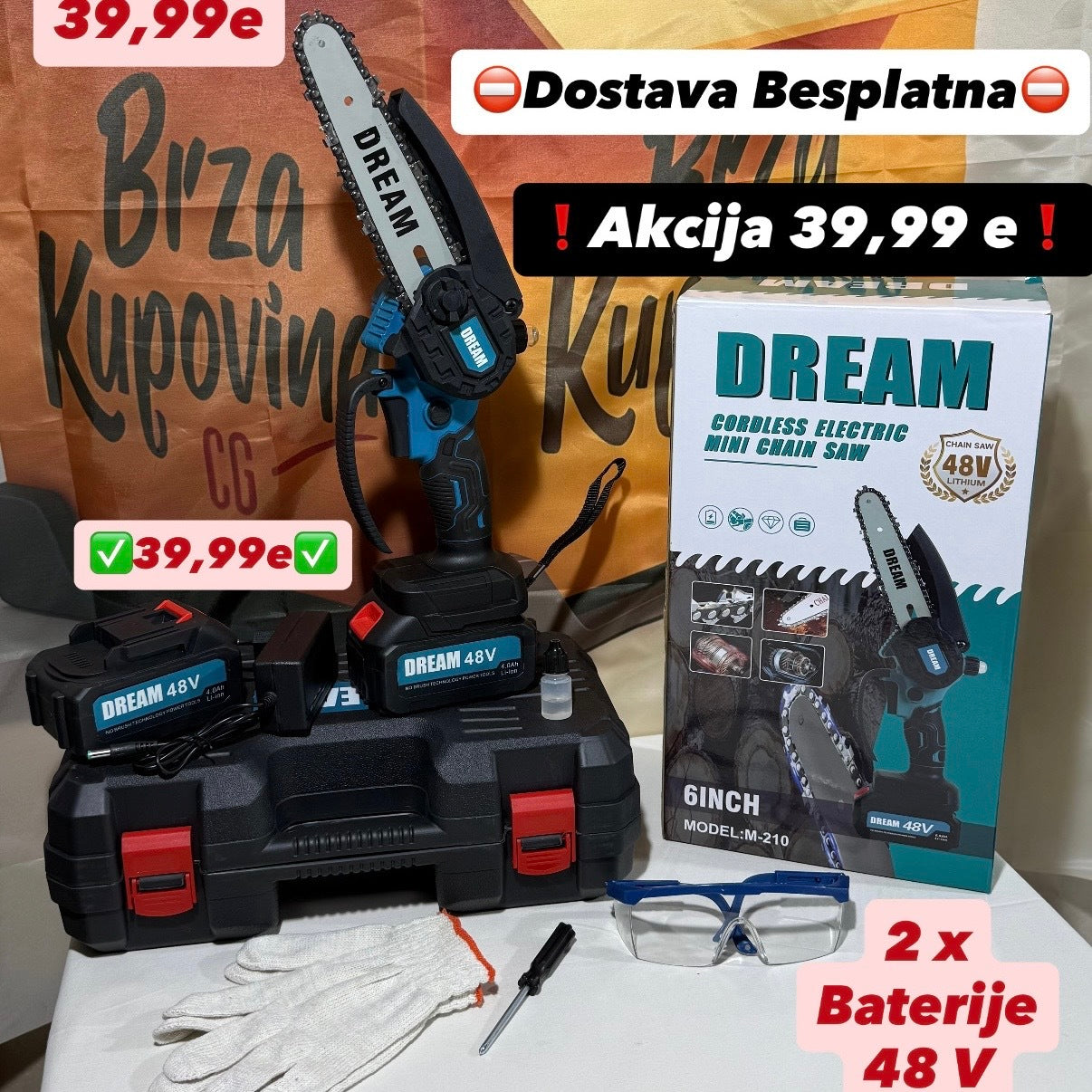 DREAM aku motorna testera 6” – 48V (set sa 2 baterije)