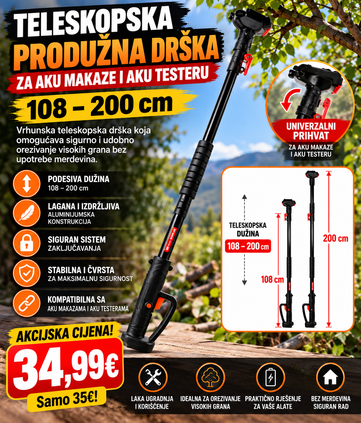 Teleskopska produžna drška 108–200cm za aku makaze i aku testeru
