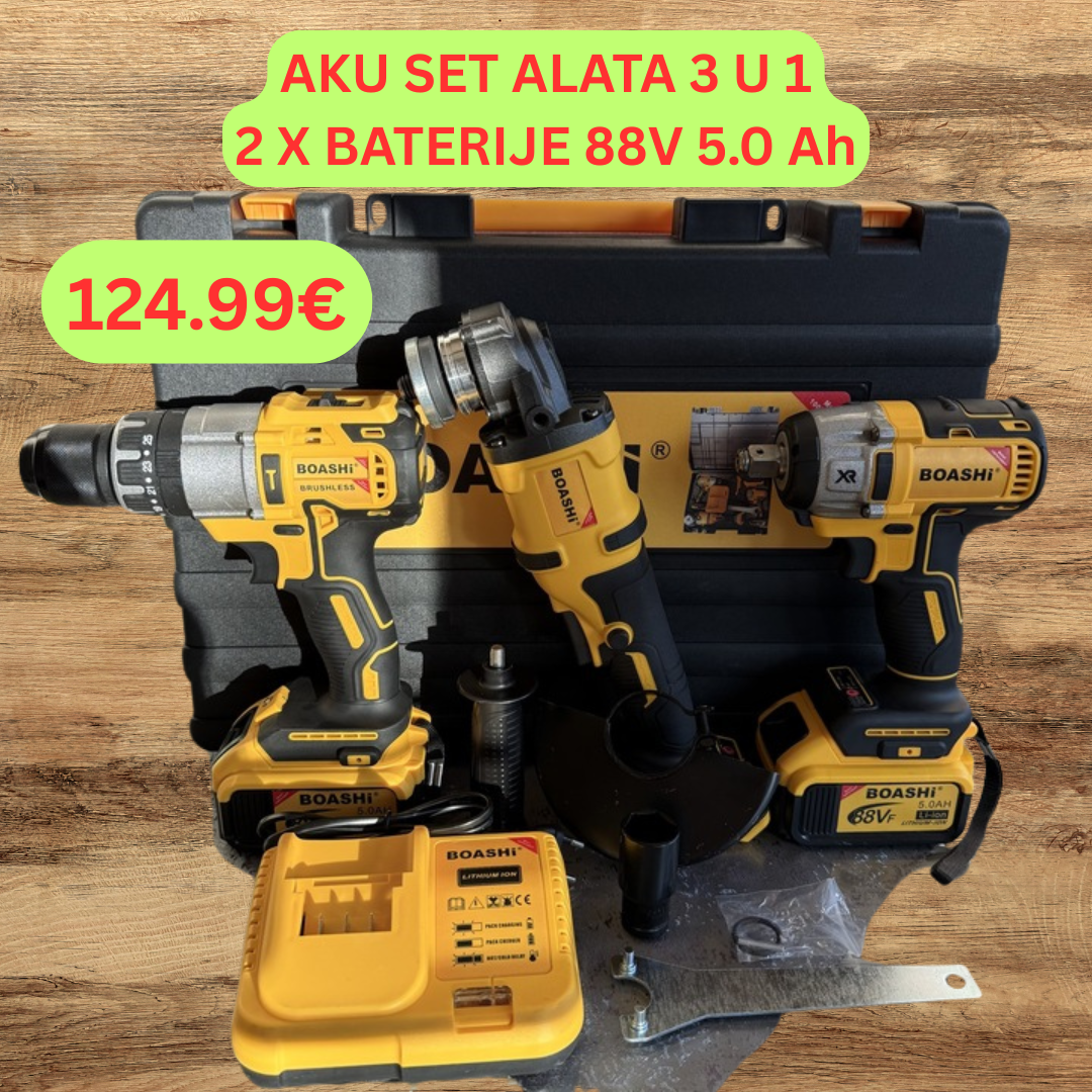 AKU SET 3 U 1 – BUŠILICA - ŠRAFILICA + UDARNI ODVIJAČ + UGAONA BRUSILICA